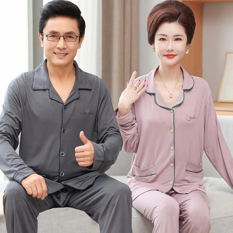 中老年人春夏情侣莫代尔睡衣女爸爸妈妈薄款男加大码空调房家居服