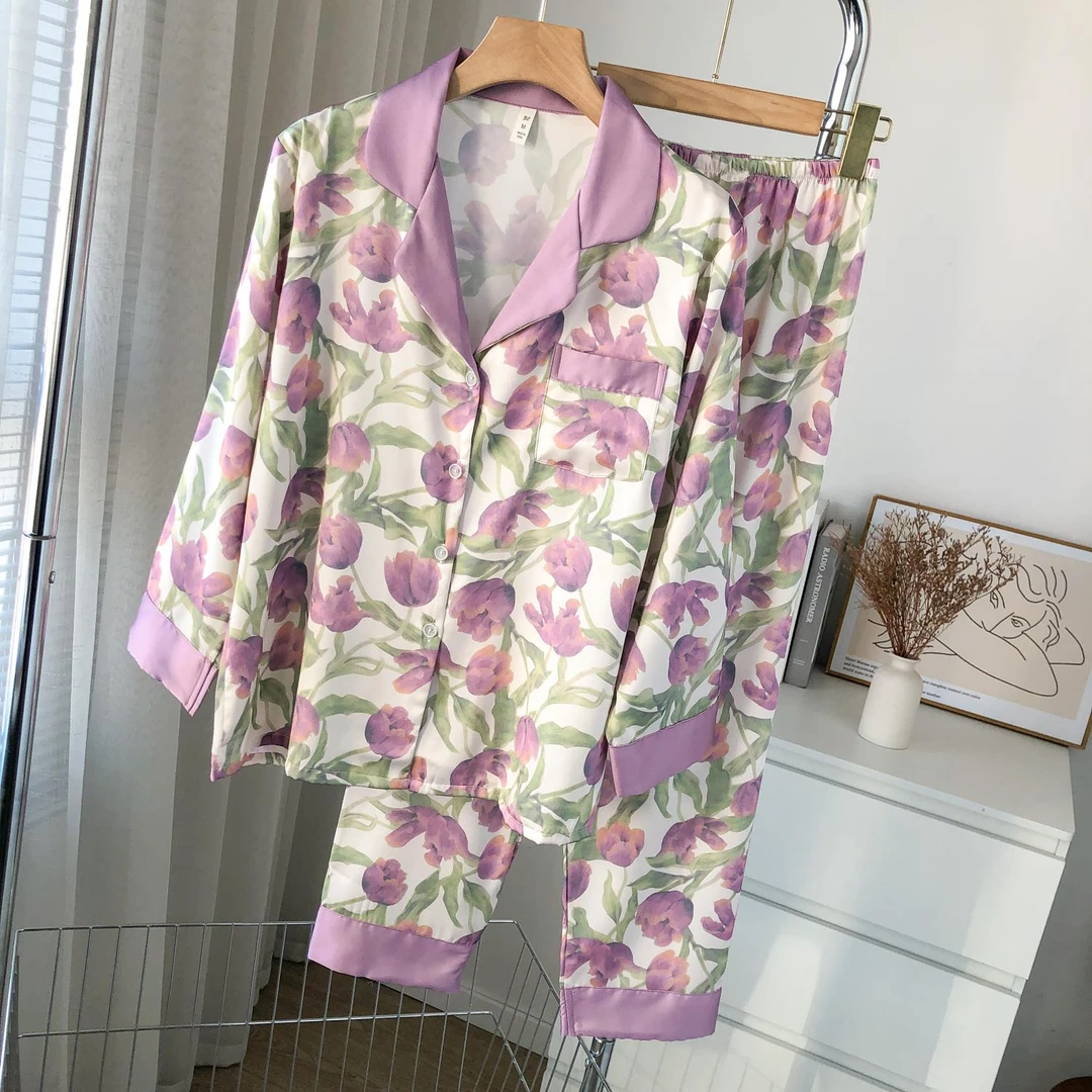 睡衣女夏季冰丝长袖甜美郁金香高级感家居服仿真丝春秋季可外穿