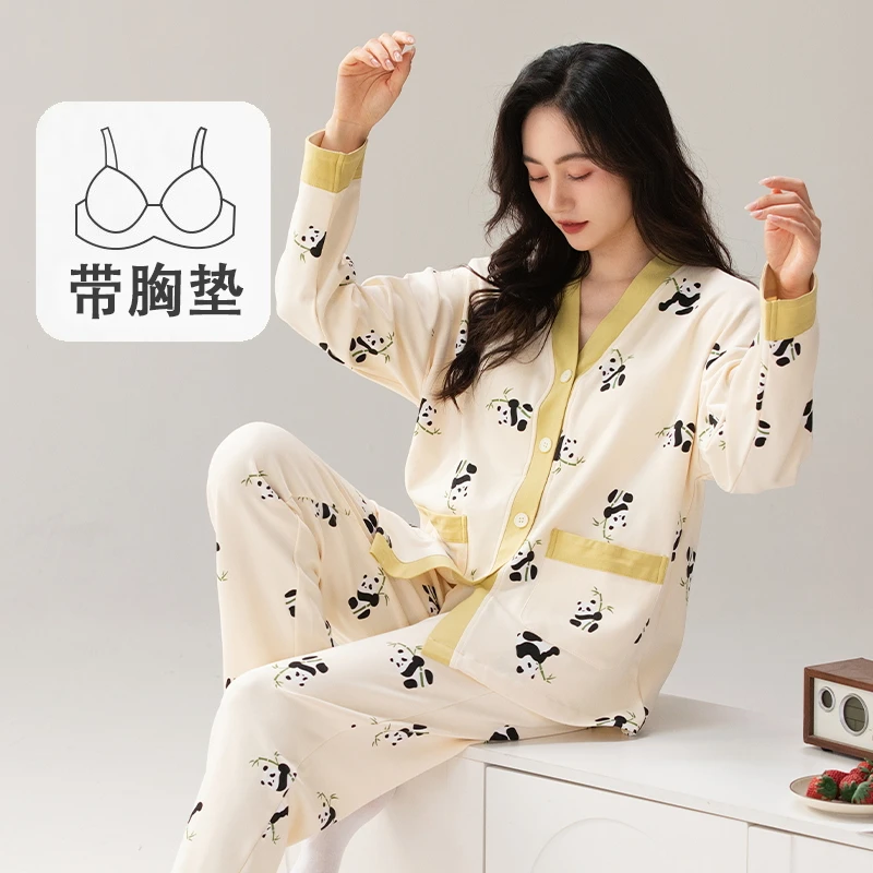 2024秋冬季自带胸垫卡通睡衣女爆款可外穿家居服长袖休闲宽松套装