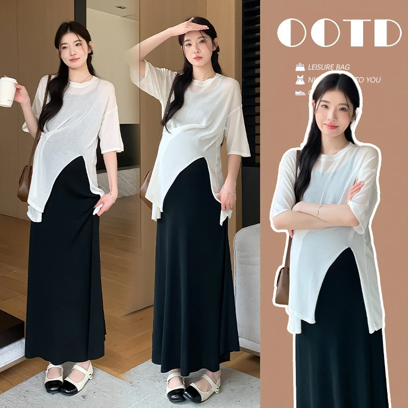 孕妇装时尚新款夏季冰凉感开叉上衣+吊带连衣裙宽松孕妇裙