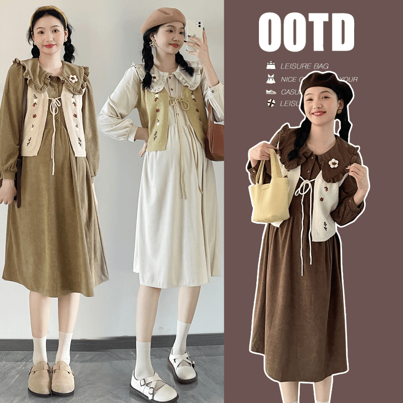 孕妇装春季新款灯芯绒娃娃领连衣裙+开衫马甲两件套时尚减龄套装