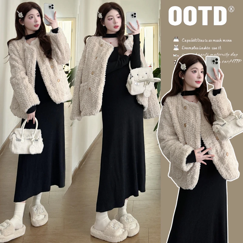 孕妇套装秋冬新款小香风加厚毛外套+连衣裙宽松孕妇装穿搭一整套