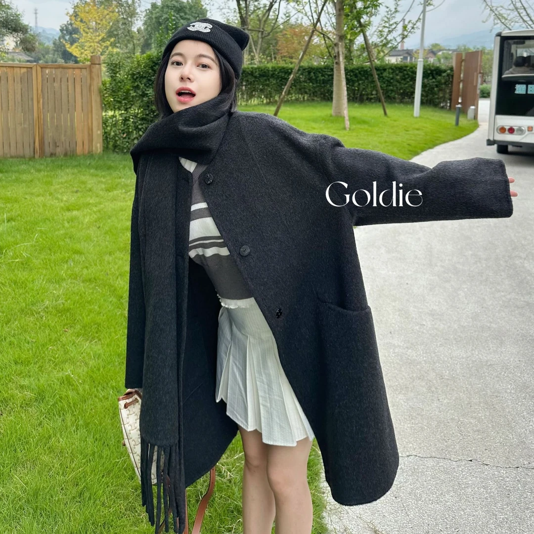 羊毛双面呢大衣冬季小个子中长款带围巾显瘦高级气质感大衣外套