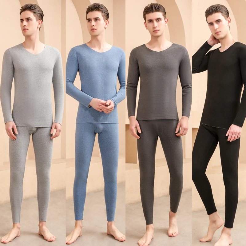 秋冬大码双面磨绒保暖内衣套装男V领无痕AB面打底秋衣秋裤两件套