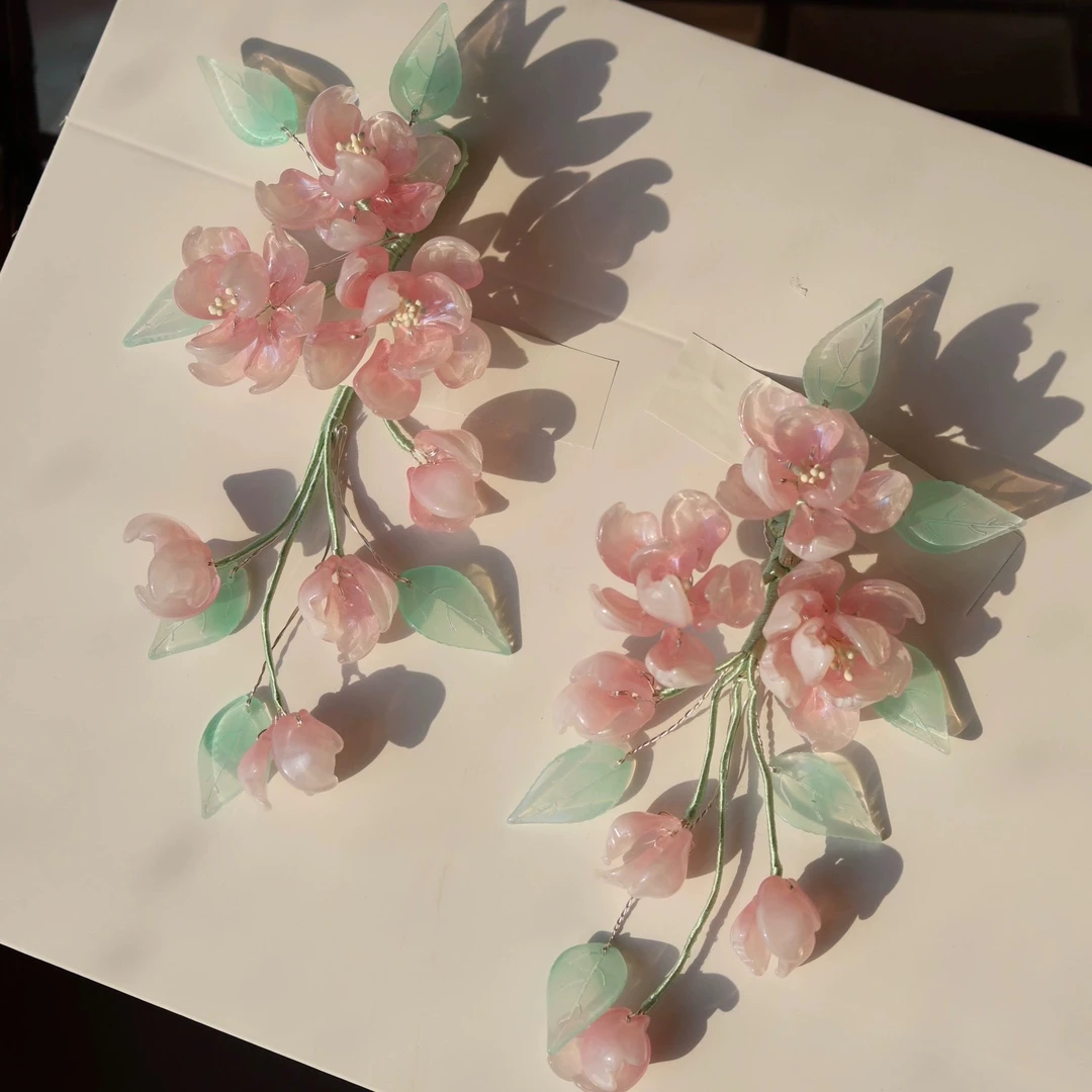 汉服海棠发夹垂丝海棠花琉璃簪花粉色头饰仙气重工百搭女对夹发饰