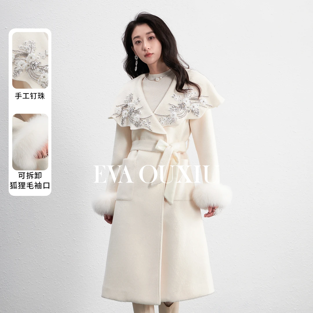EVA OUXIU/伊华欧秀冬季时尚气质优雅白色保暖毛呢大衣 45WLS5605