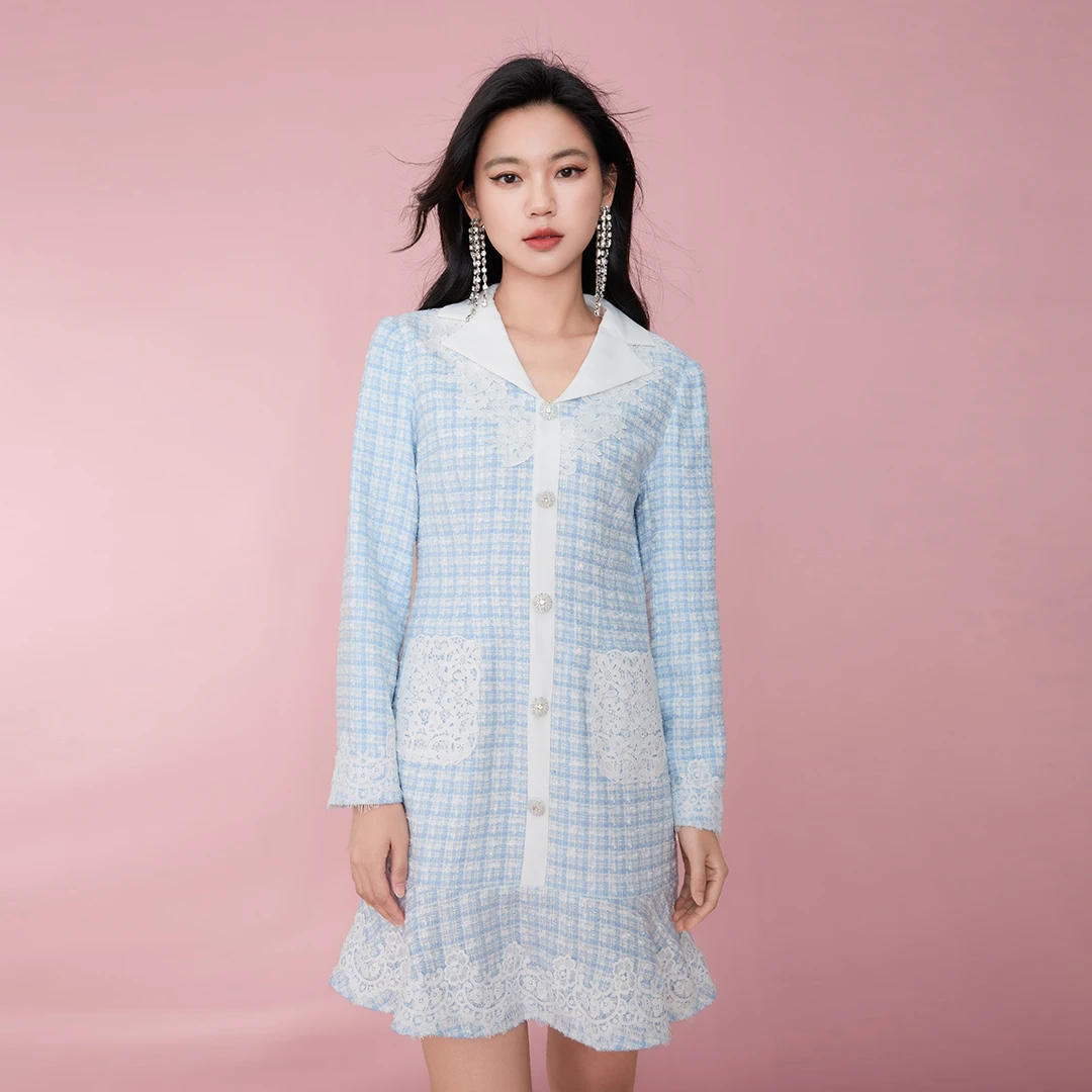 EVA OUXIU/伊华欧秀秋季格子时尚千鸟格针织提花连衣裙43KAQ5191