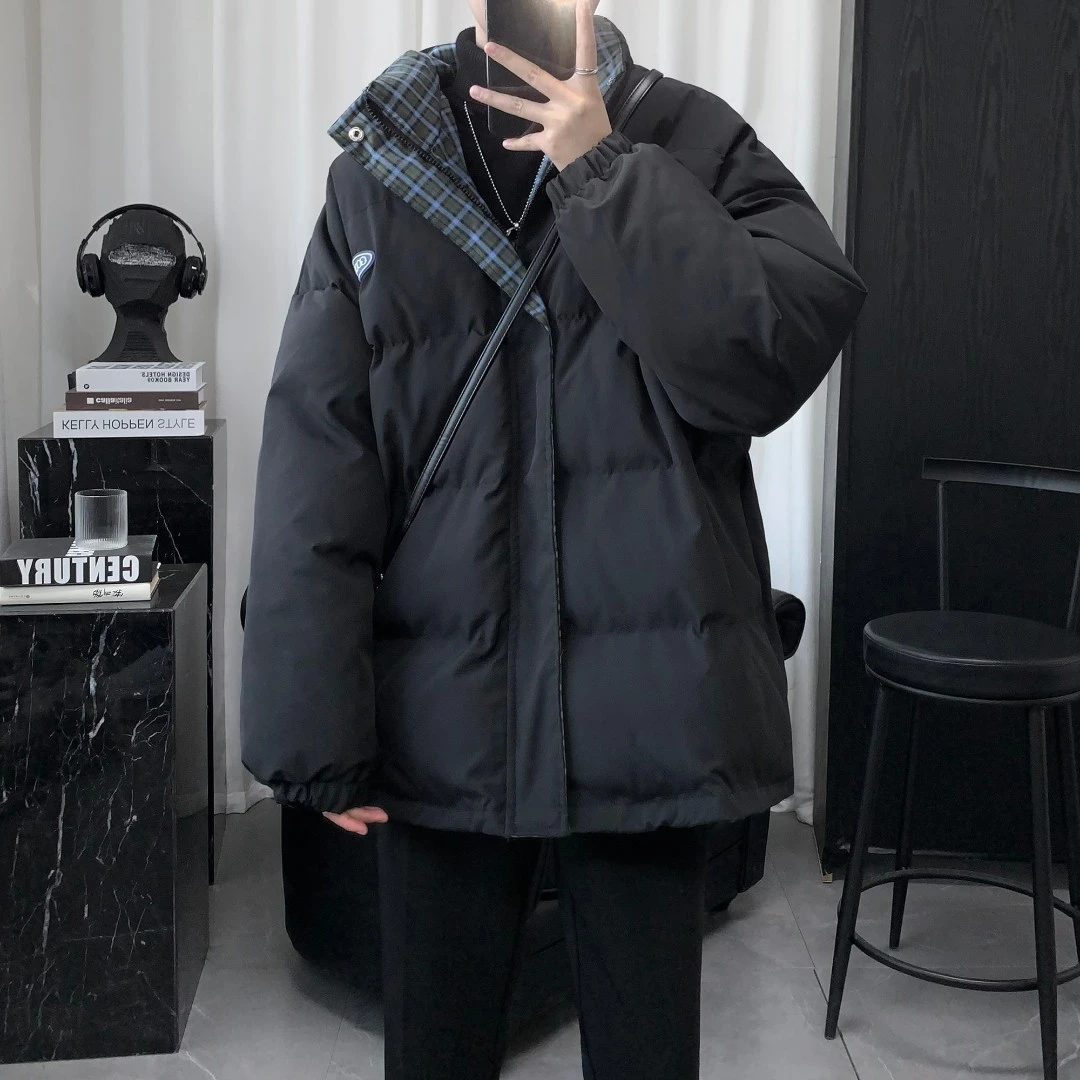 格子拼接翻领棉衣男款冬季加厚保暖棉服外套男高级感痞帅潮流上衣