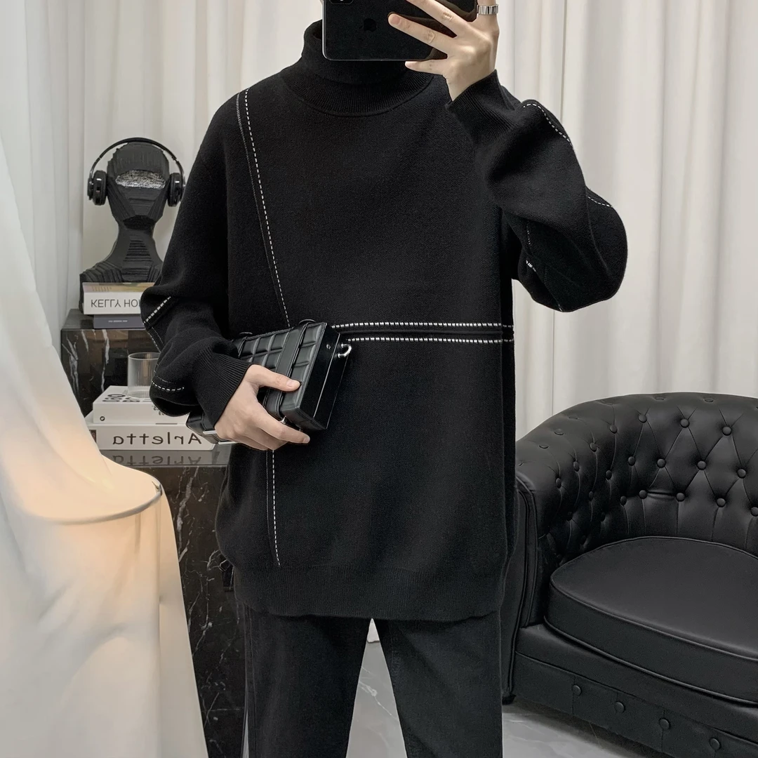 高级感痞帅黑色高领毛衣男冬季男士内搭打底衫男冬款加厚羊毛衫男