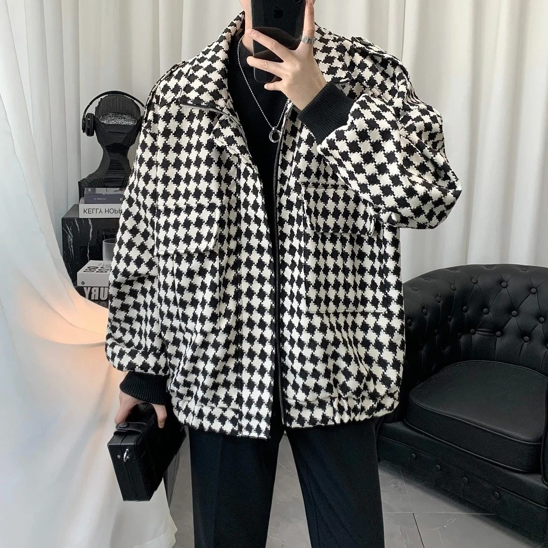 2023春季新款高级感痞帅小众设计感千鸟格外套男款春秋款夹克男潮