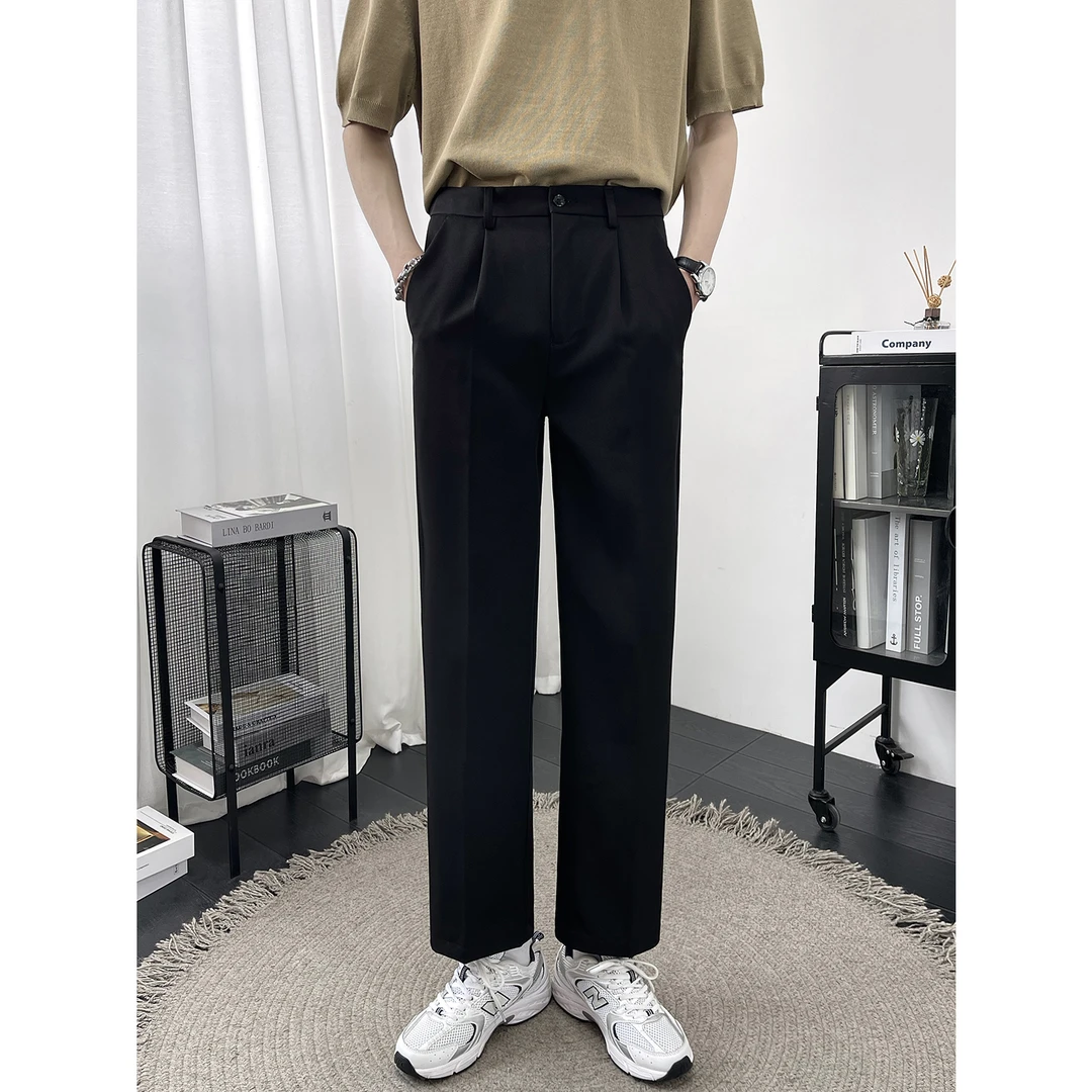 高级感痞帅冰丝男裤男士休闲裤男款夏季薄款百搭九分裤子黑色西裤