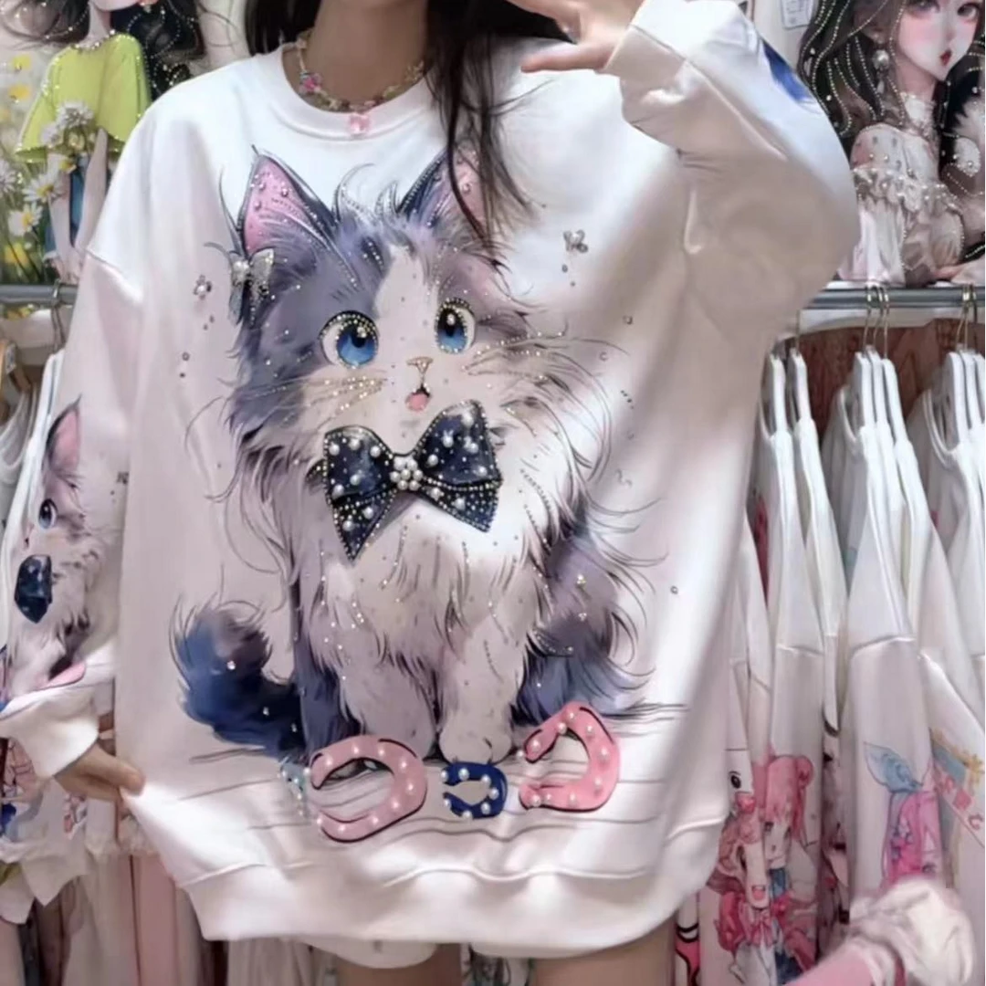 欧货重工可爱小猫烫钻长袖卫衣女圆领宽松中长款显瘦上衣秋冬季