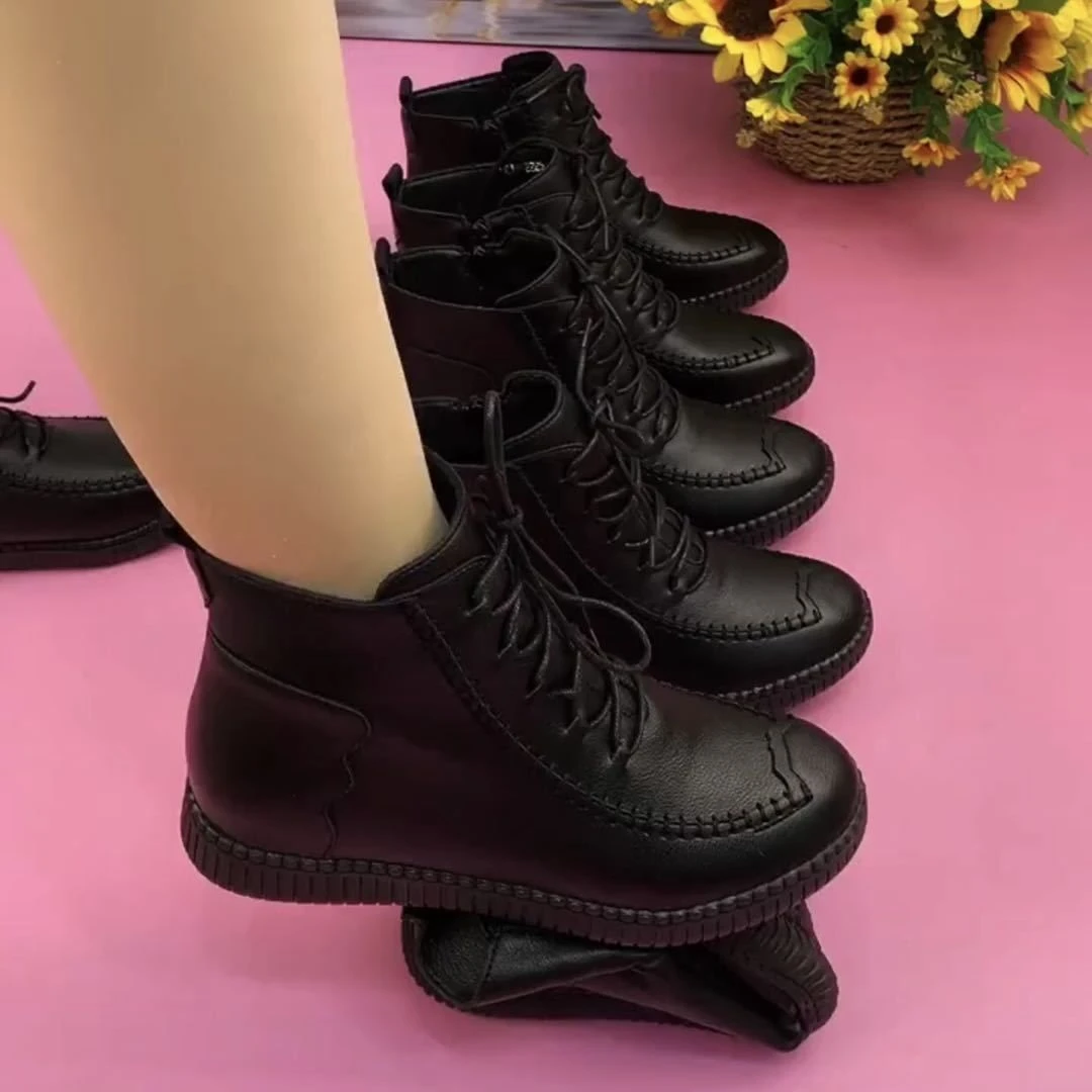 真皮妈妈鞋加绒棉鞋平底防滑保暖短靴侧拉链中年百搭皮靴马丁靴子