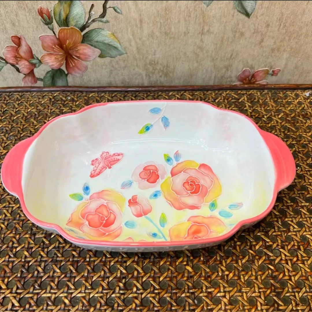 濑户烧系列玫瑰花园新款陶瓷盘创意家用手绘双耳烤盘深盘