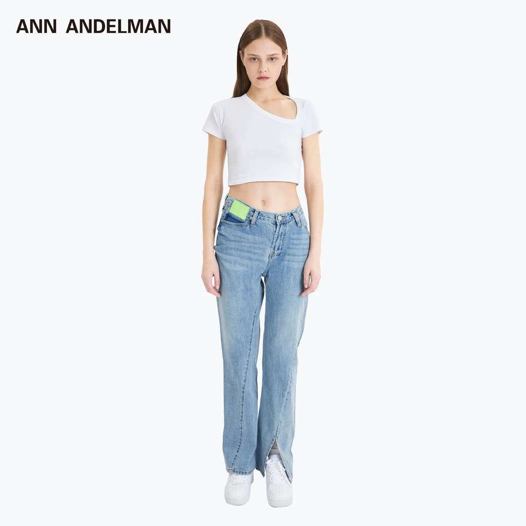 ANN ANDELMAN不对称扭曲微喇开叉显瘦修身牛仔裤 时尚休闲设计师