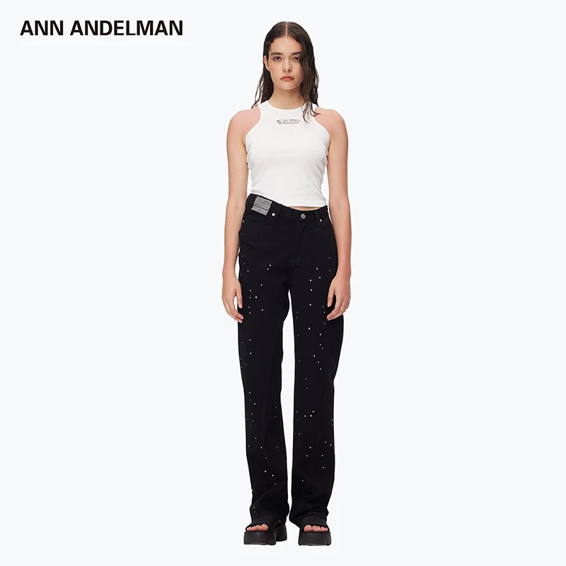 ANN ANDELMAN黑色烫钻扭腰牛仔裤 中高腰显腿长水钻直筒牛仔裤