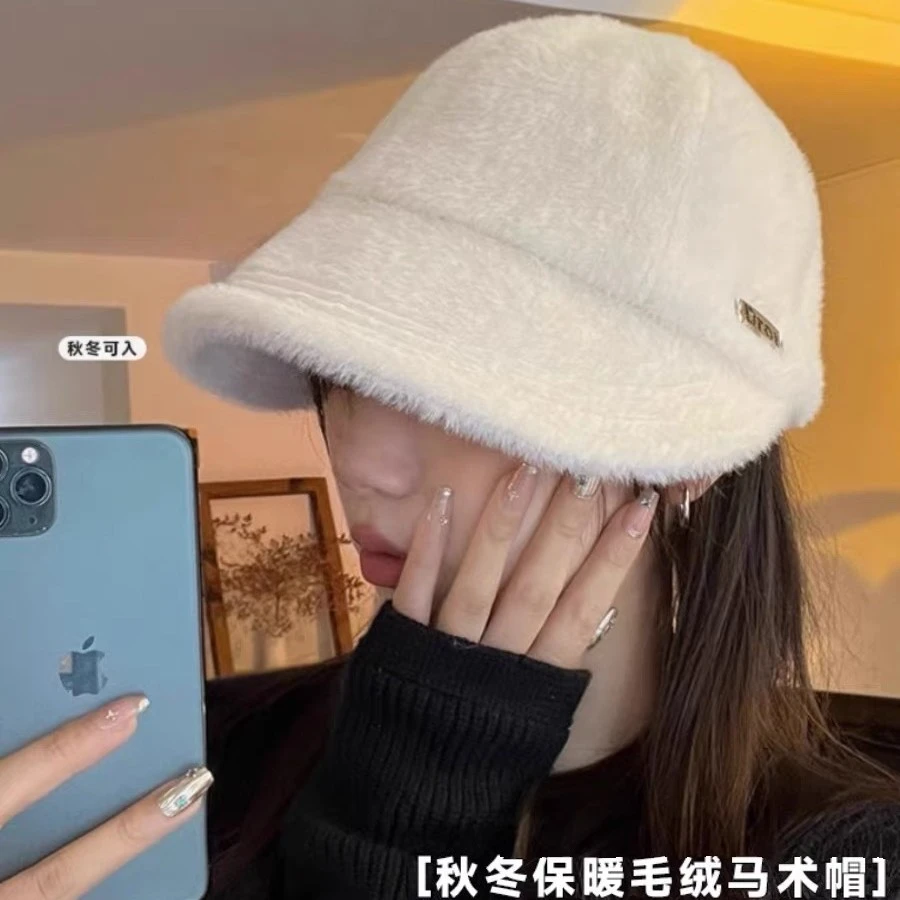冬天毛毛绒百搭鸭舌保暖渔夫帽秋冬素颜时尚街头潮马术帽 c-19