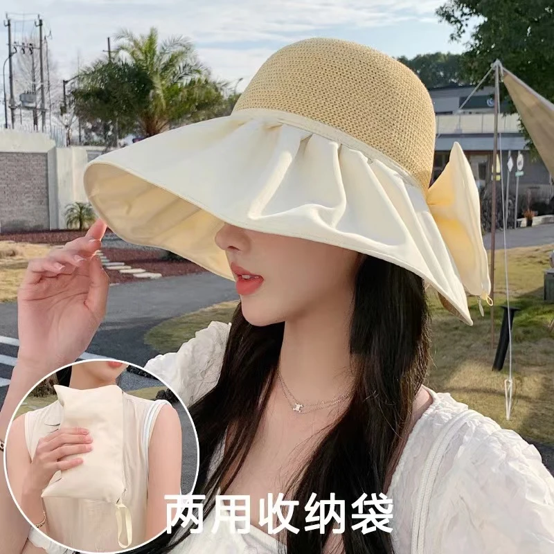 D-3 夏季休闲蝴蝶结收纳袋韩版遮阳帽女草帽防晒帽大檐黑胶渔夫帽