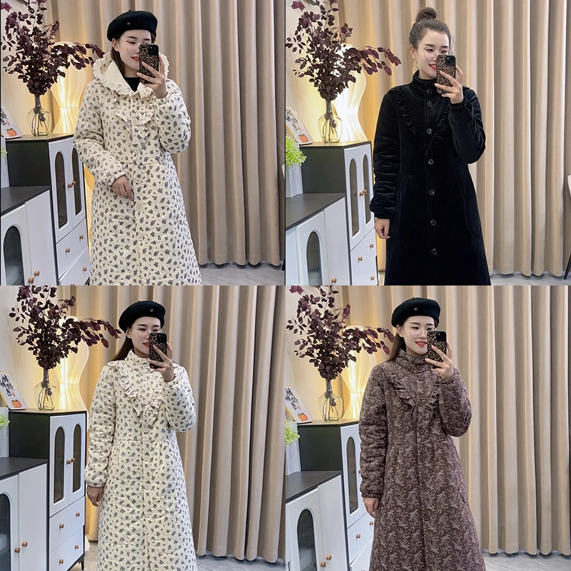 公主范睡衣女碎花棉冬季三层加厚加绒可外穿家居服冬季连帽长袍