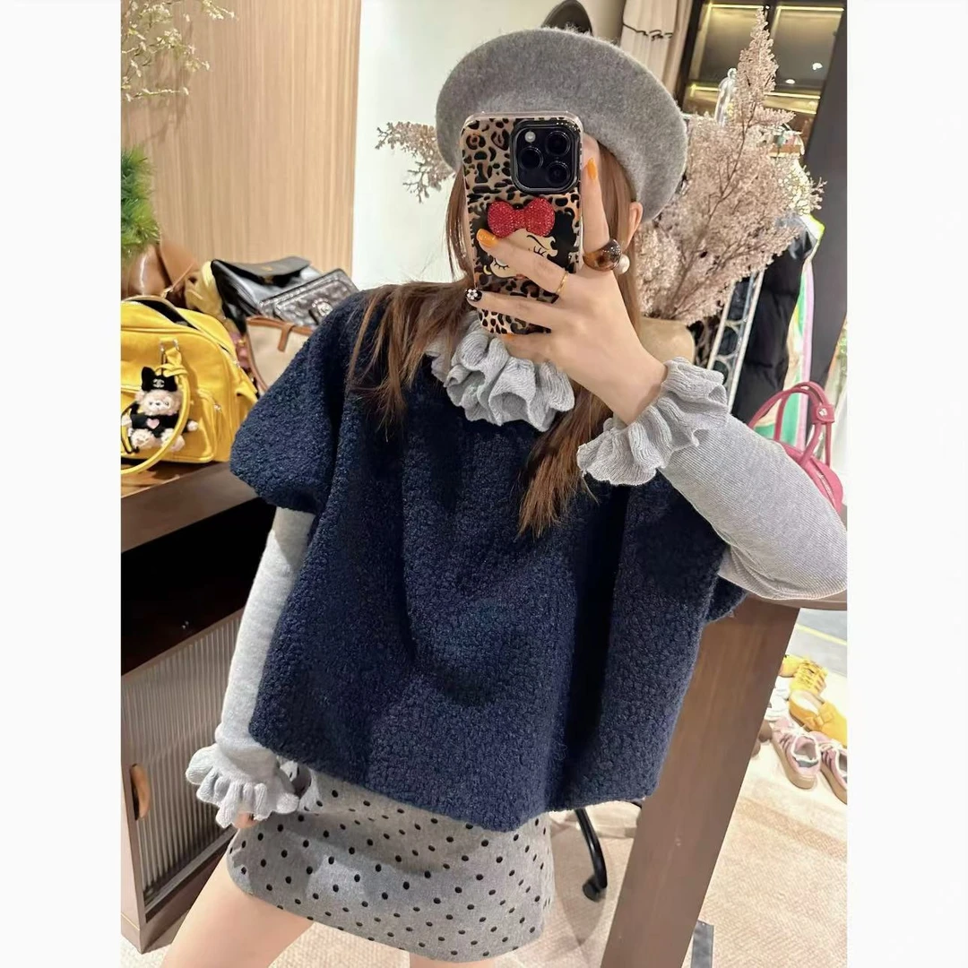 【龙葵果酱】气质名媛高级感小香风蓝色泡泡袖马甲外套