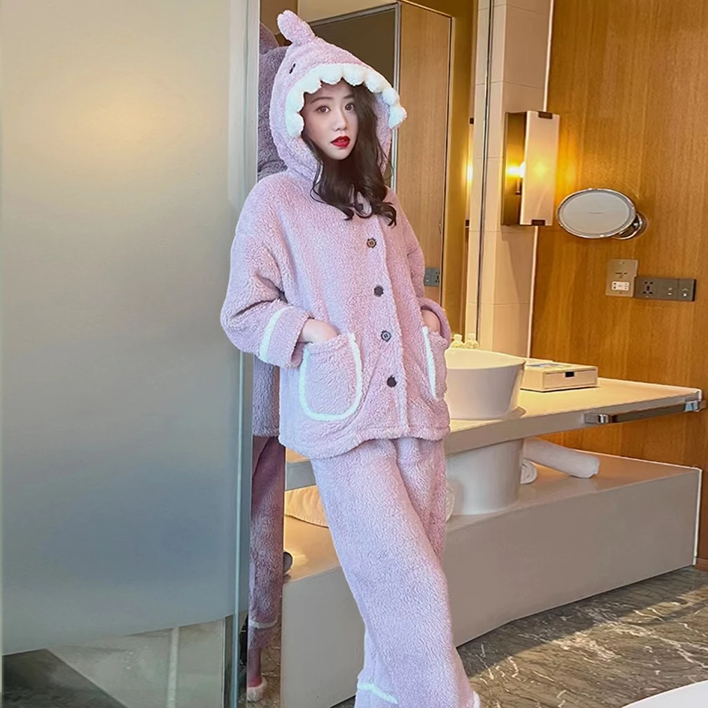 情侣睡衣女冬珊瑚绒加厚保暖可爱鲨鱼女士家居服套装秋冬款法兰绒