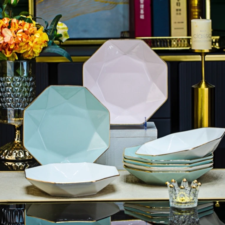 8英寸八角盘6个景德镇家用陶瓷盘子餐具欧式餐盘网红菜盘