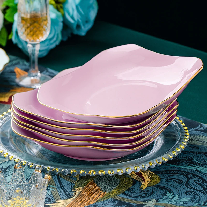 粉色8英寸如意方盘6个装景德镇陶瓷家用盘子餐具欧式餐盘网红菜盘