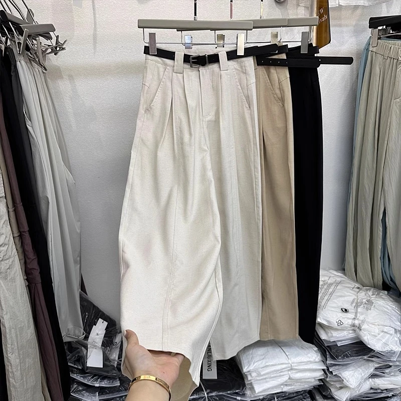 夏季新款垂感亚麻弯刀裤女梨型身材显瘦百搭镰刀裤休闲百搭直筒裤