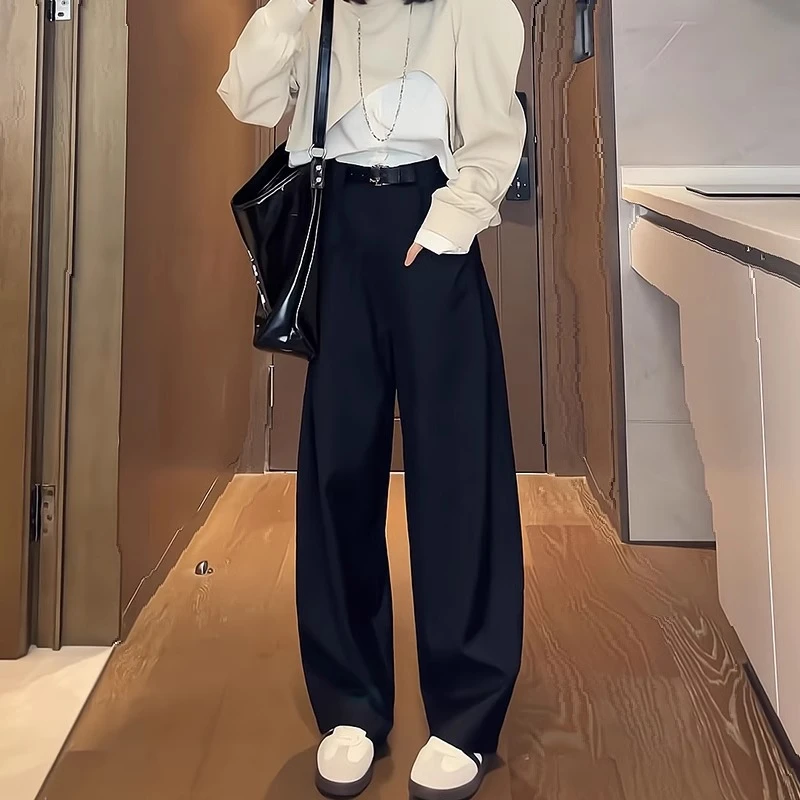 高腰显瘦雅痞裤口袋设计感西装裤女2025春夏黑色休闲百搭阔腿裤子