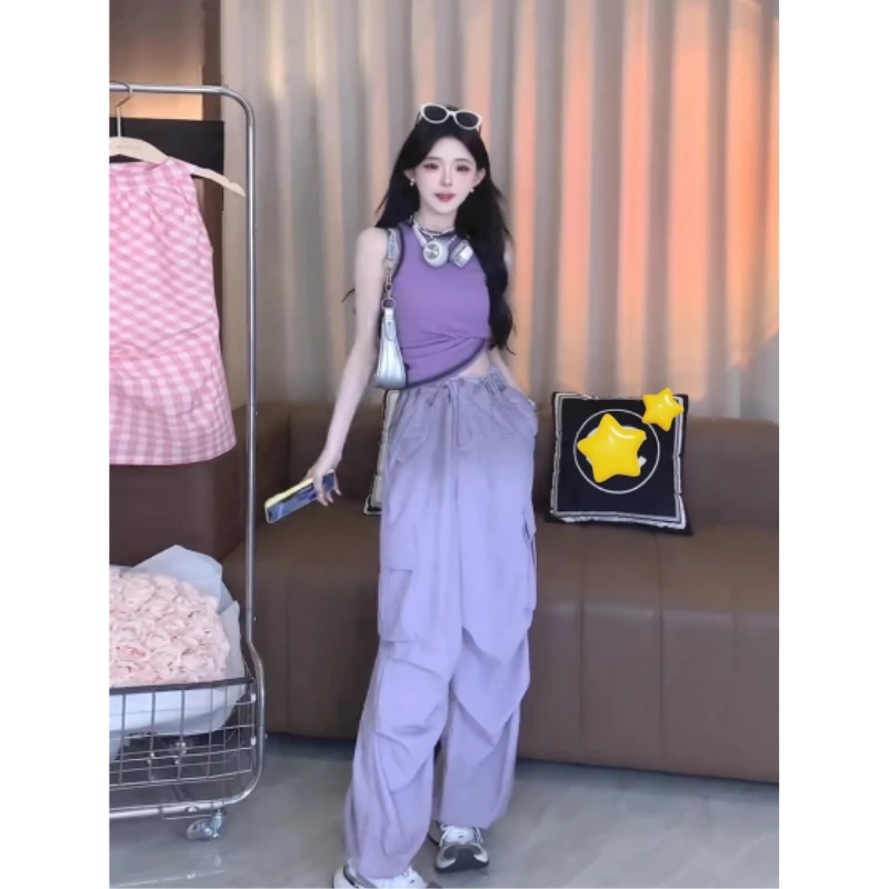 时尚潮流渐变色脏脏工装裤女早秋新款小众洋气高腰显瘦抽绳束脚裤