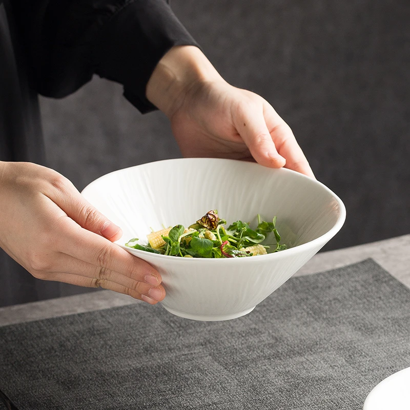 8寸冰川面碗陶瓷大号欧式沙拉碗拉面喇叭创意条纹小脚家用斗笠碗