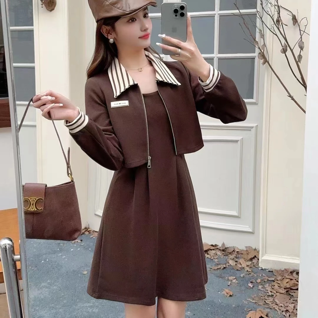 早球秋季新款翻领显瘦气质小香风减龄百搭遮肚条纹拼接背心外套裙