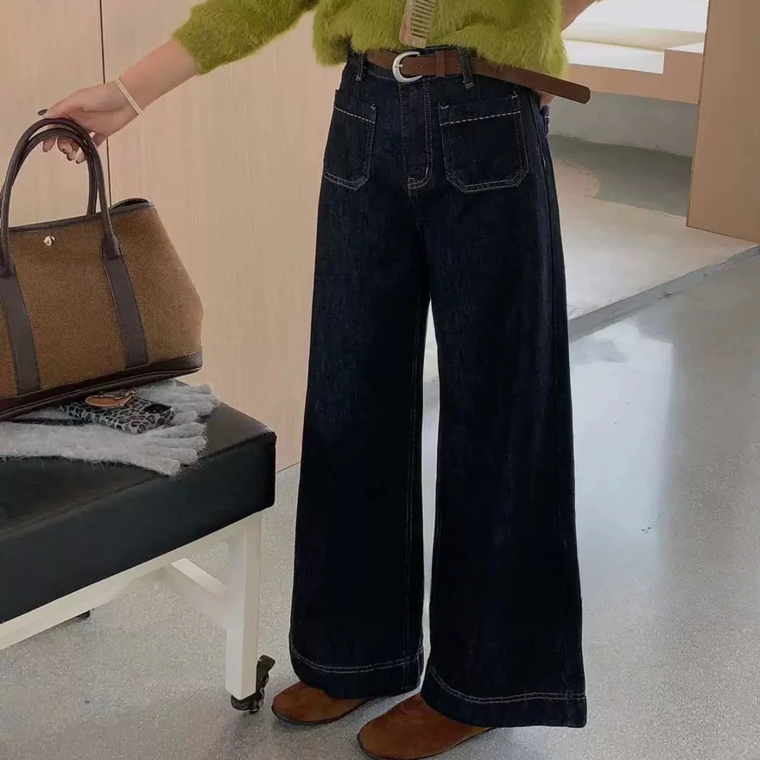 春秋复古港风牛仔裤显瘦抓绒加厚百搭气质时尚长裤直筒阔腿牛仔裤