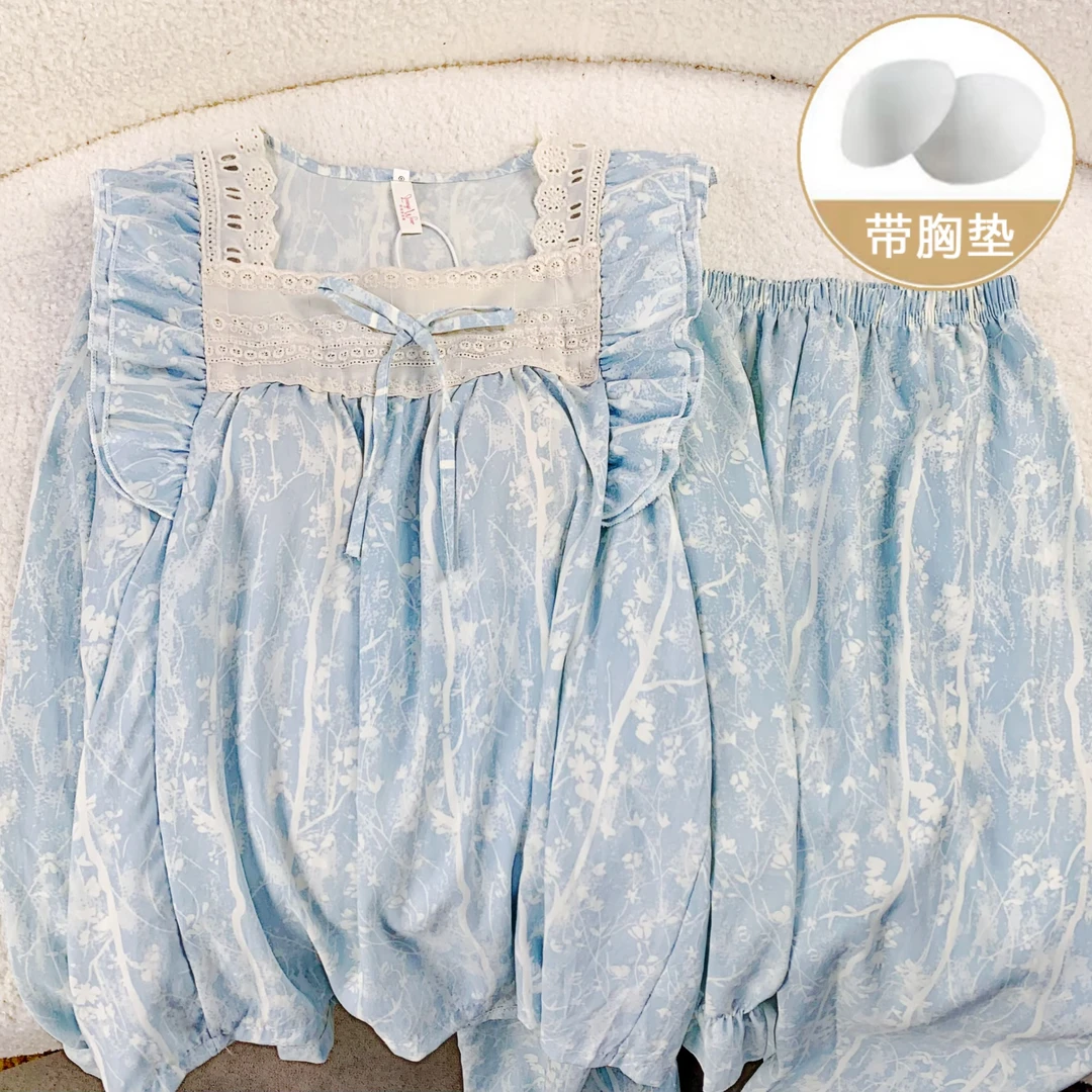 【带胸垫】甜美春秋2024新款ins风女长袖长裤休闲家居服蓝色套装