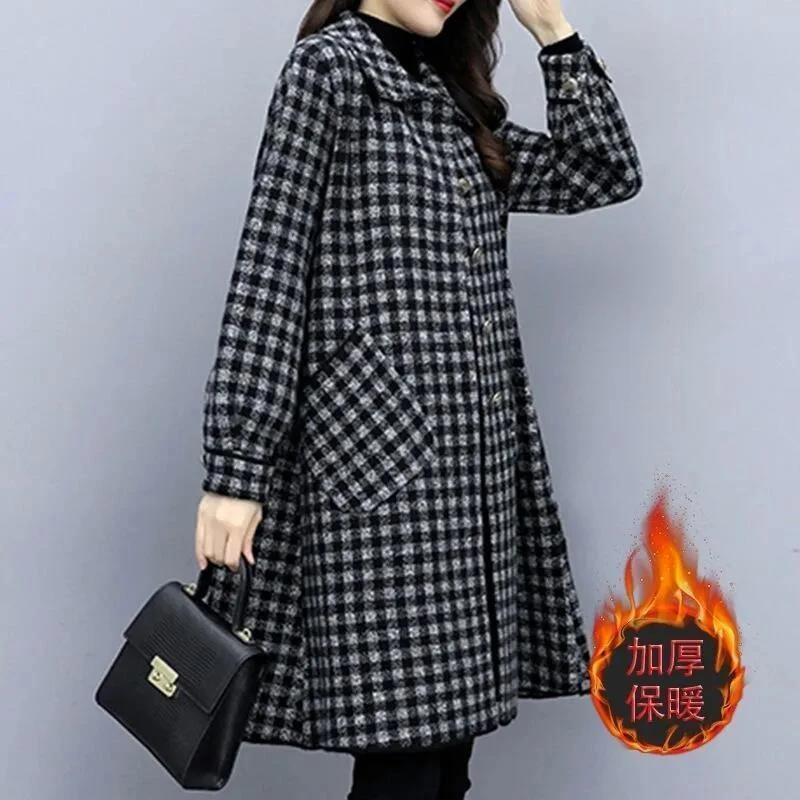 中长款毛呢大衣韩版时尚2023秋冬新款宽松气质显瘦大码格子外套女