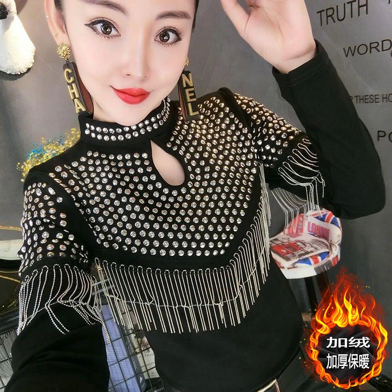 加绒加厚棉T恤女长袖烫钻时尚打底衫秋季新款修身显瘦流苏上衣冬