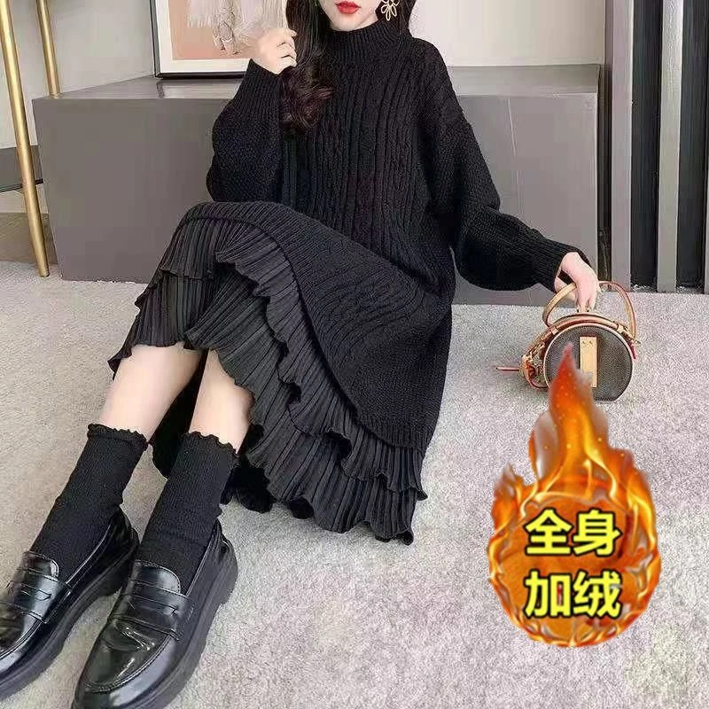 加绒加厚大码连衣裙女秋冬新款宽松过膝中长款外穿内搭打底毛衣裙