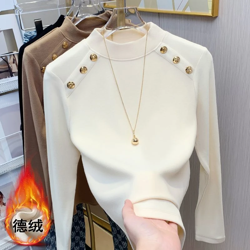 半高领德绒打底衫女秋冬新款修身时尚双面绒T恤加厚保暖内搭上衣