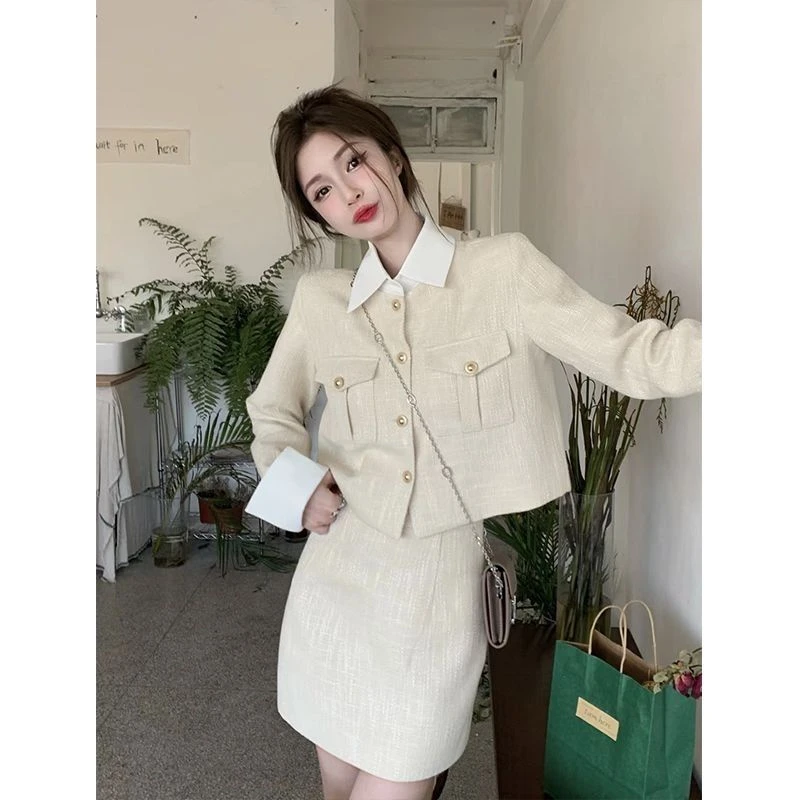 气质小香风拼色polo领短款长袖外套半身裙女秋季新款时尚两件套装