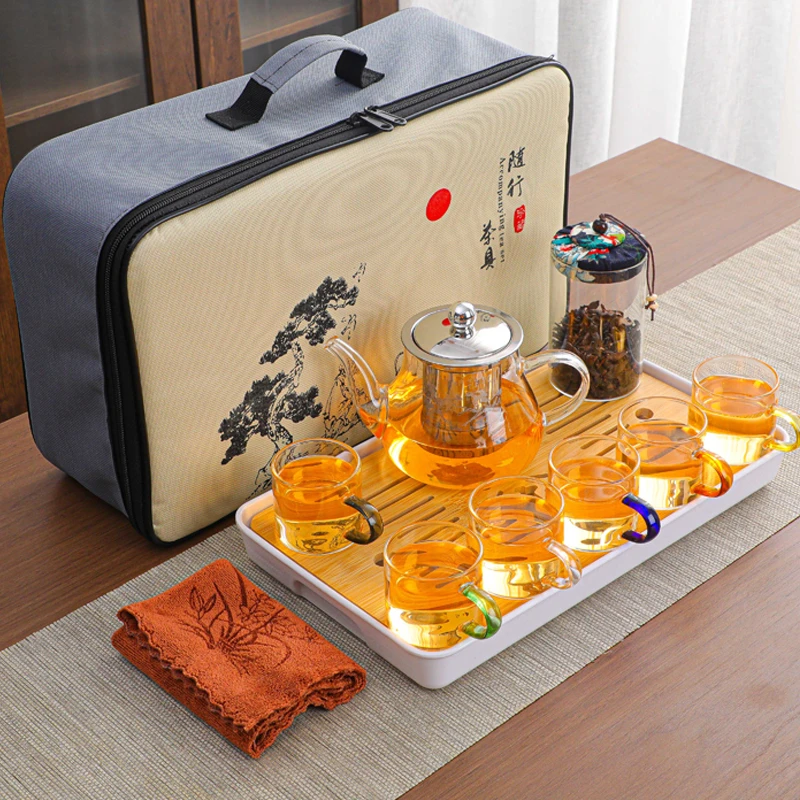 便携式旅行茶具套装玻璃功夫茶具家用茶盘礼品套装户外茶具车载茶