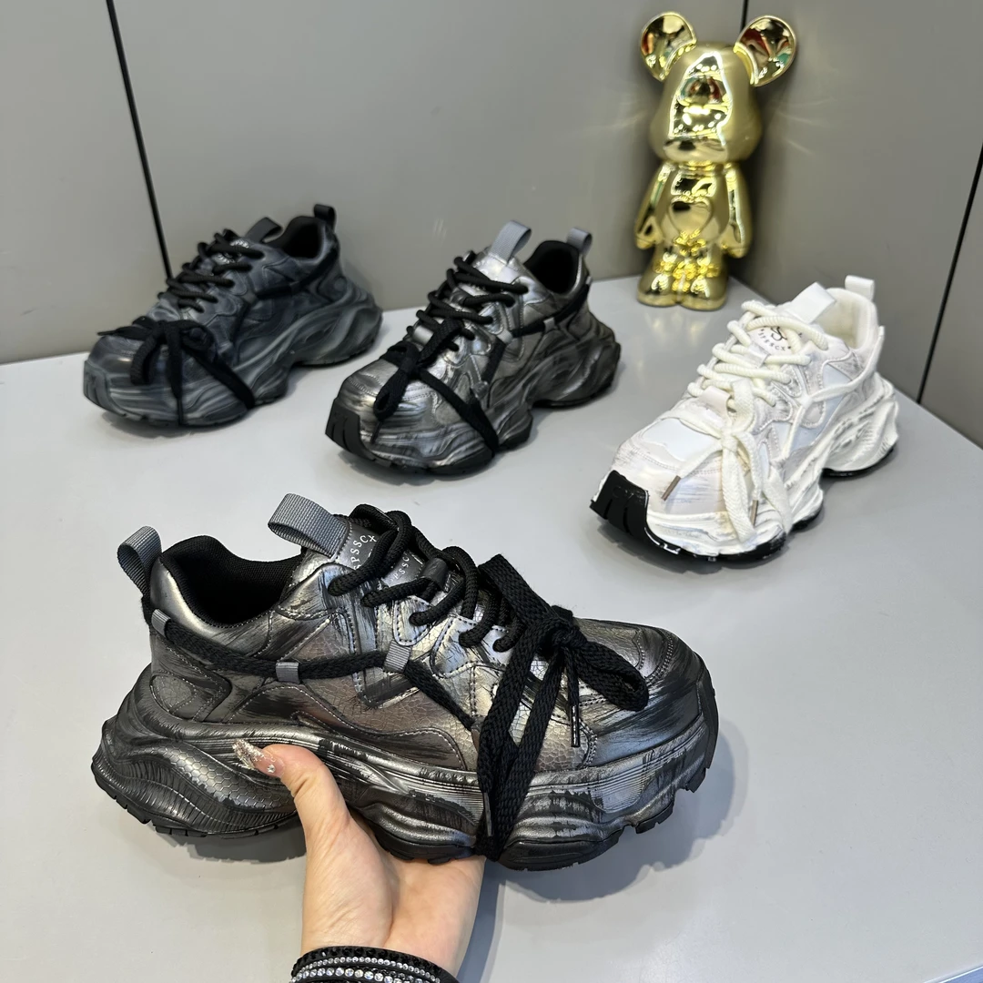 欧洲站新款透气擦色亮皮老爹鞋时尚帅气设计感榴莲大底休闲潮男鞋