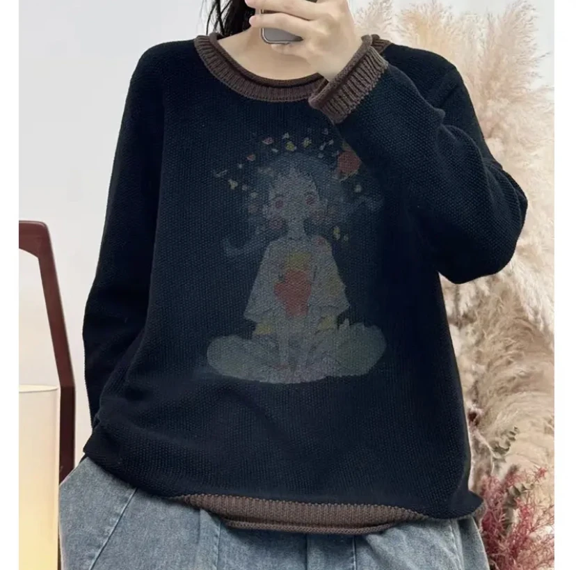 秋冬加厚棉线针织衫洋气印花休闲百搭减龄贵气复古套头拼色可爱