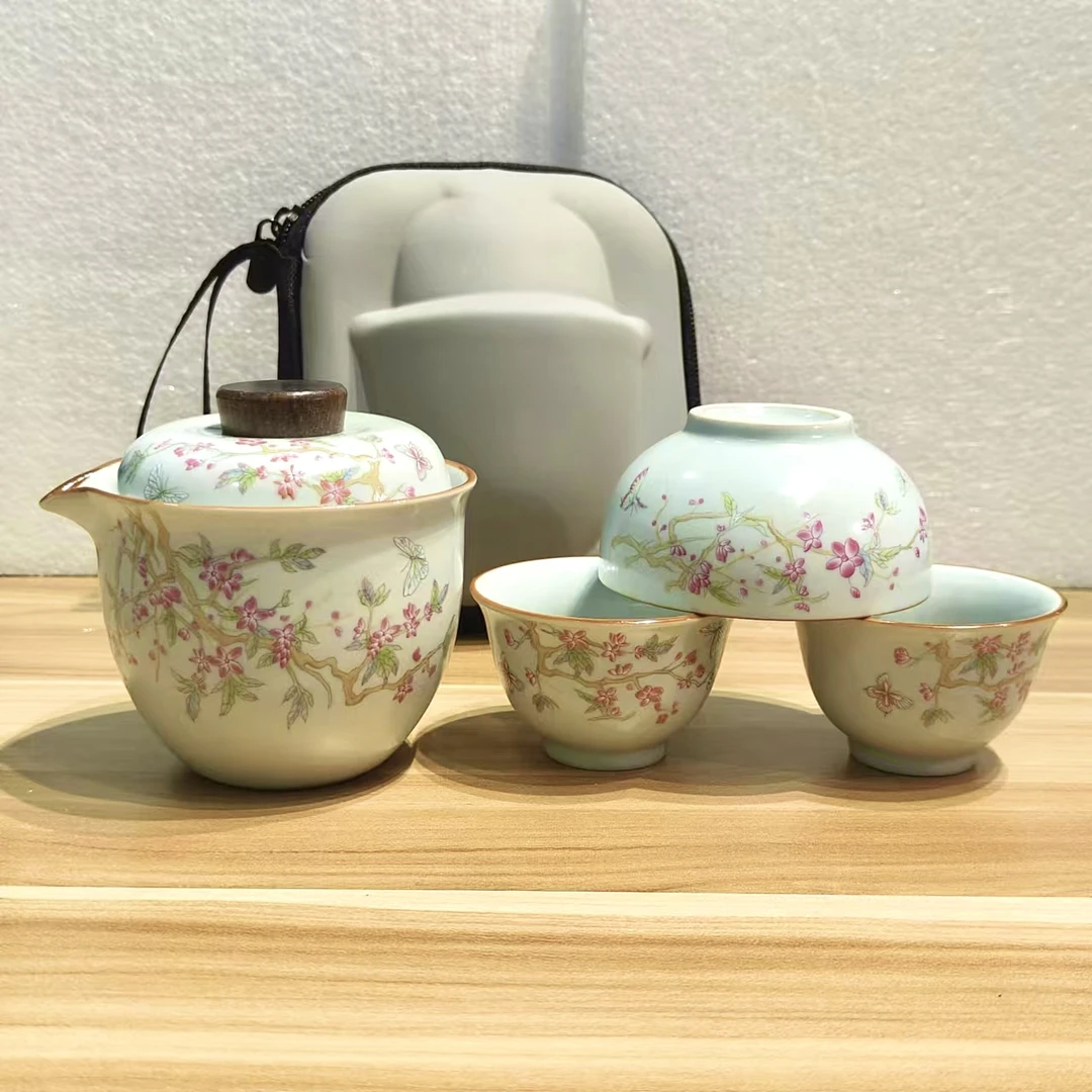 C134汝窑快客杯陶瓷便携旅行茶具公司会展团建中秋节日活动紫藤花