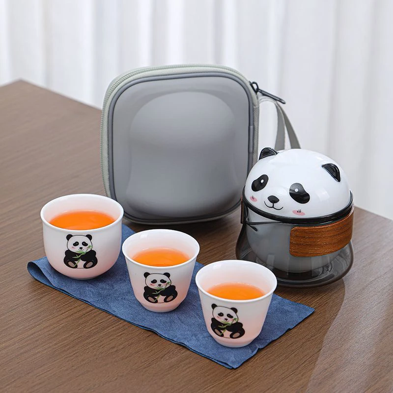 C246 熊猫旅行茶具套装玻璃户外一壶三杯陶瓷快客杯送礼logo商务