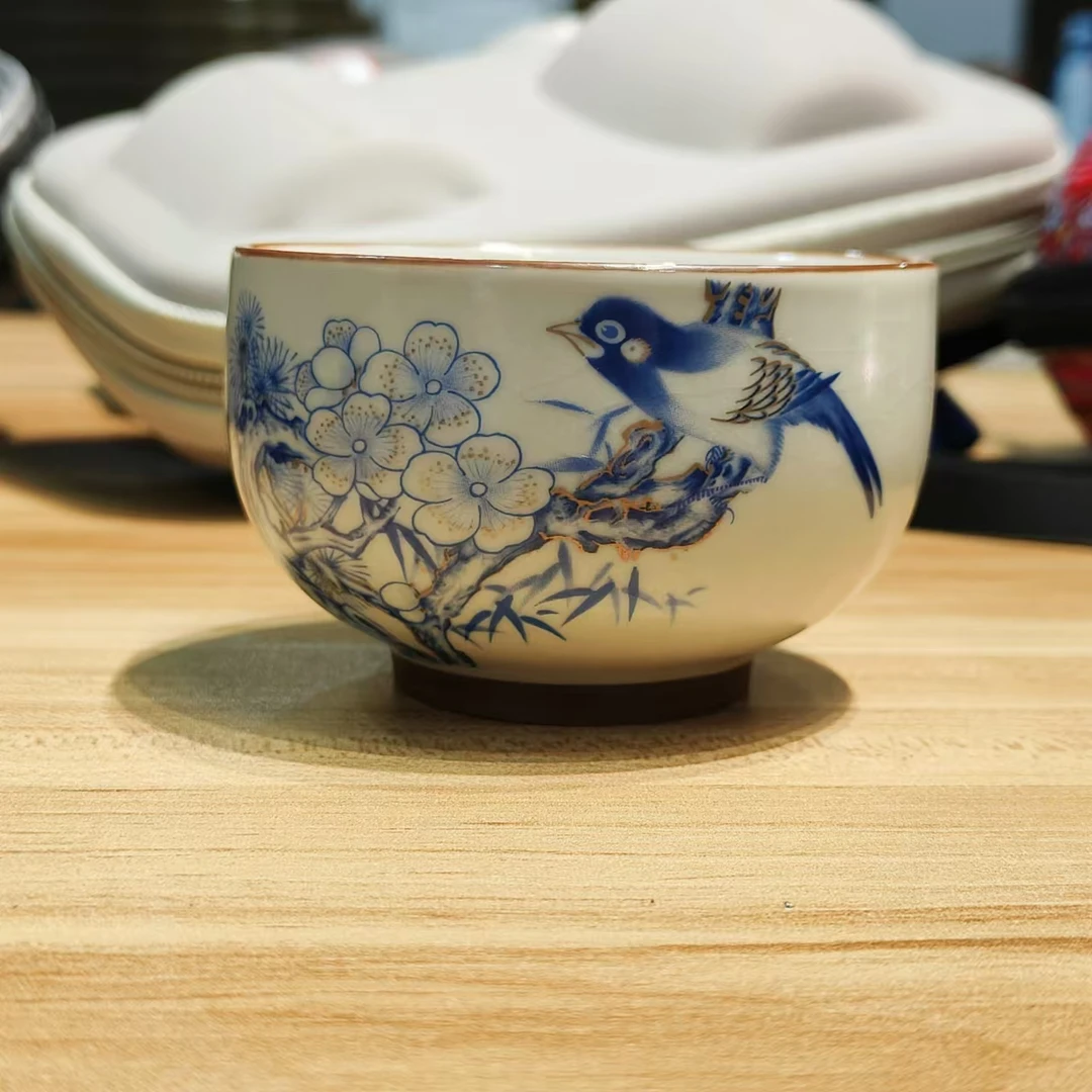 C130汝窑蝶恋花品茗杯主人杯中式家用陶瓷茶杯功夫茶具