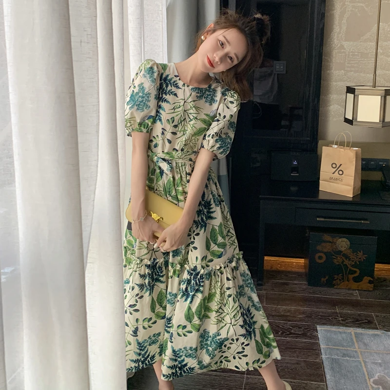 撞色印花连衣裙女2025夏季新款设计感小众时尚洋气减龄高腰长裙子