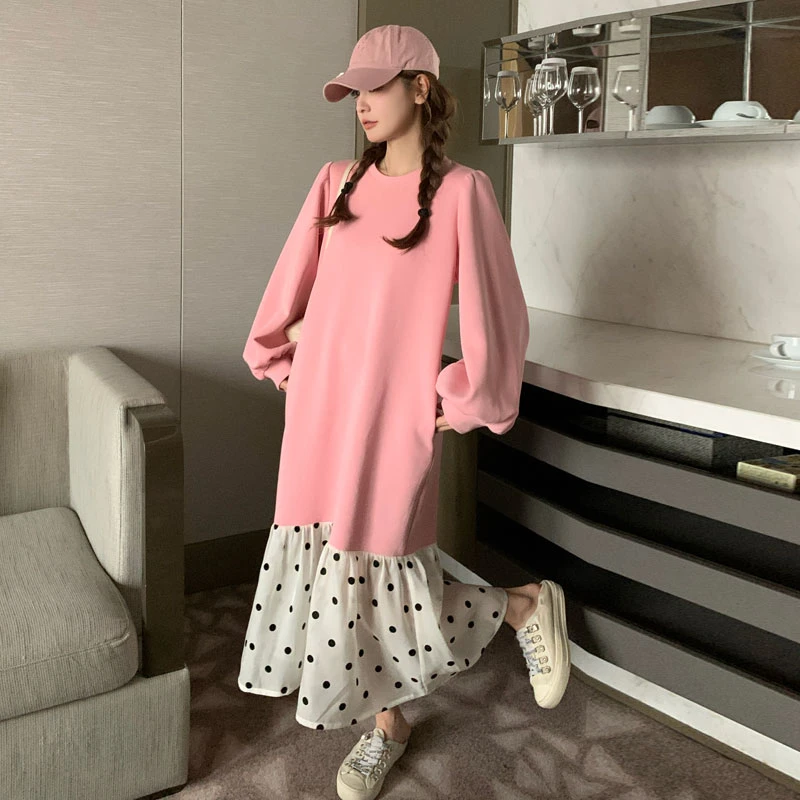 波点拼接宽松连衣裙女2025秋季新款设计感小众时尚洋气减龄卫衣裙