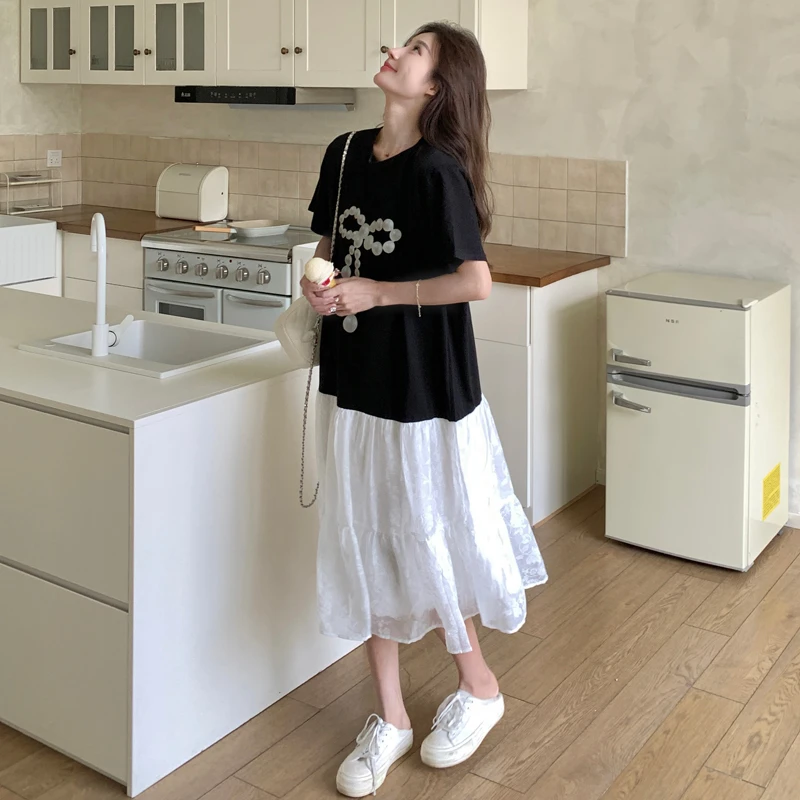 炸街爆款撞色拼接连衣裙女设计感时尚洋气减龄夏季新款2025假两件