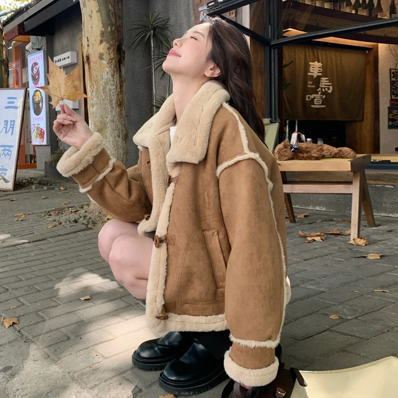 麂皮绒羊羔绒外套女冬季2025新款韩版高级感加厚保暖皮毛一体棉服