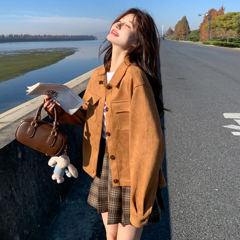 美拉德棕色麂皮绒外套女2025新款爆款韩系宽松小个子短款夹克上衣